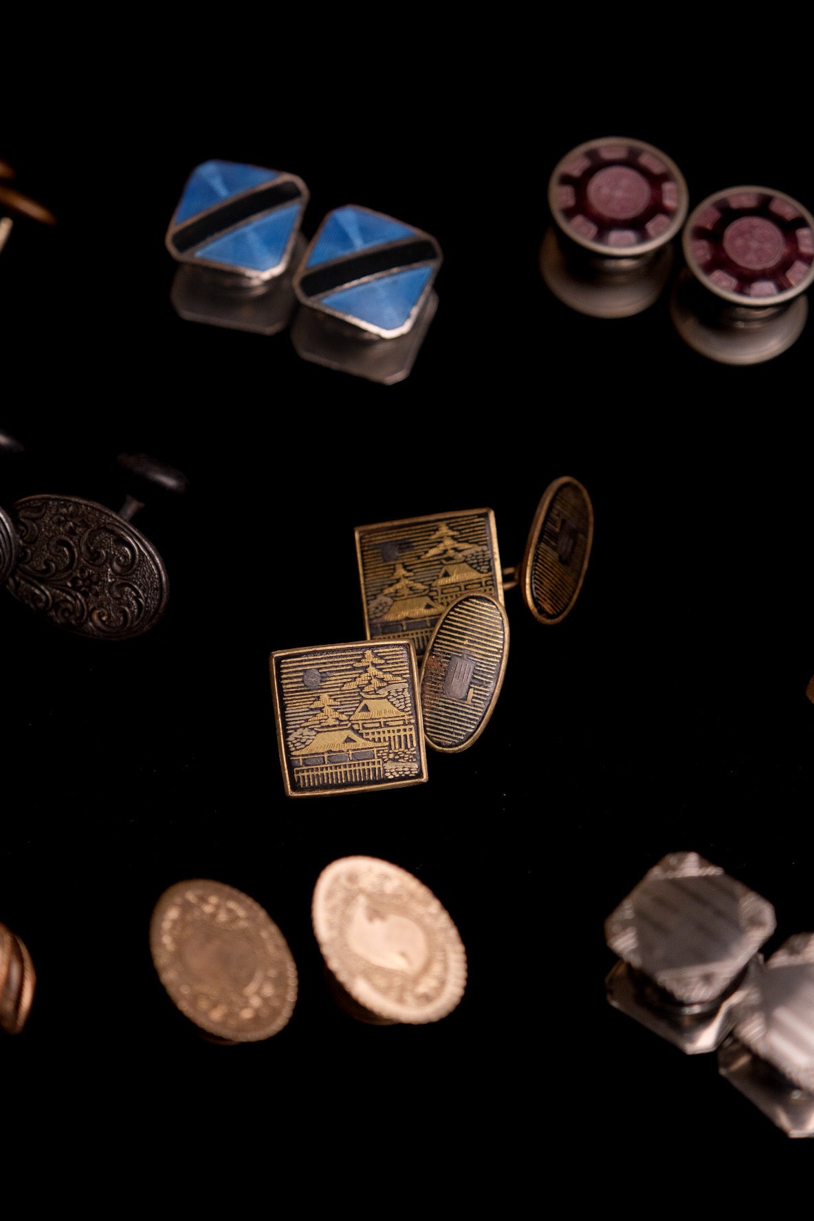 Antique Japanese Damascene Pagoda Square Double Sided Cufflinks