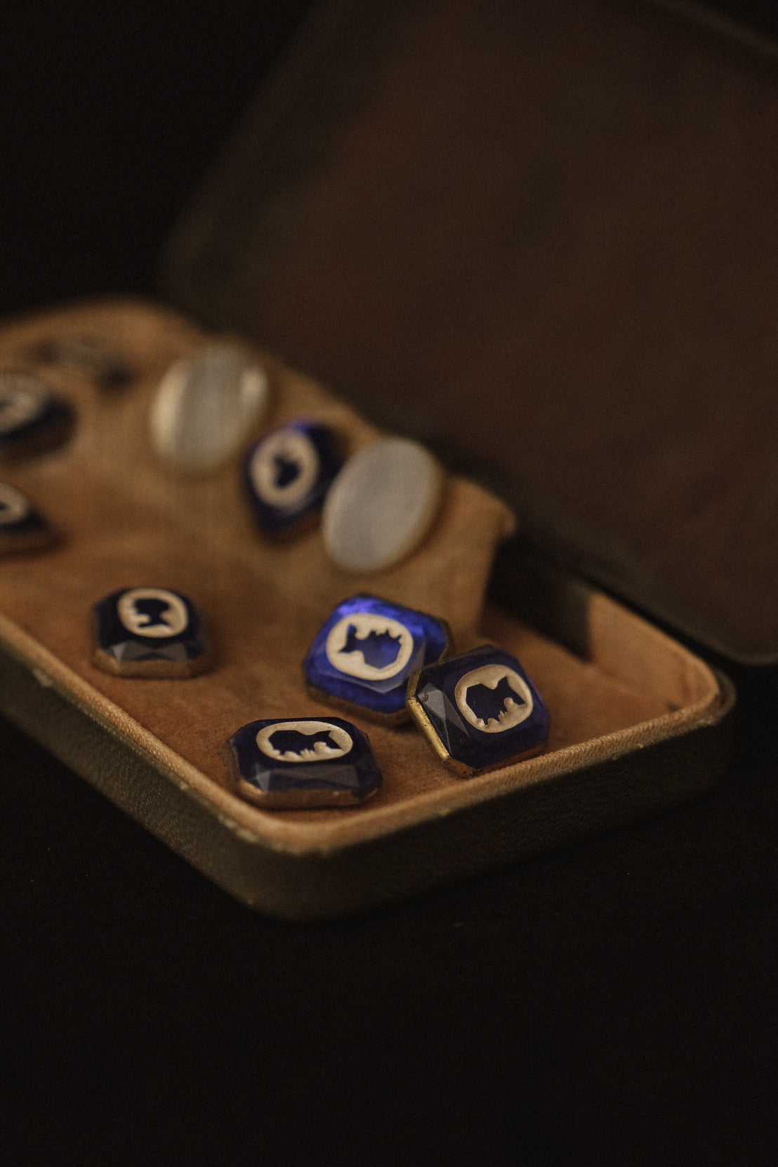 Antique Blue Glass Tuxedo Cufflink & Stud Set in Original Box
