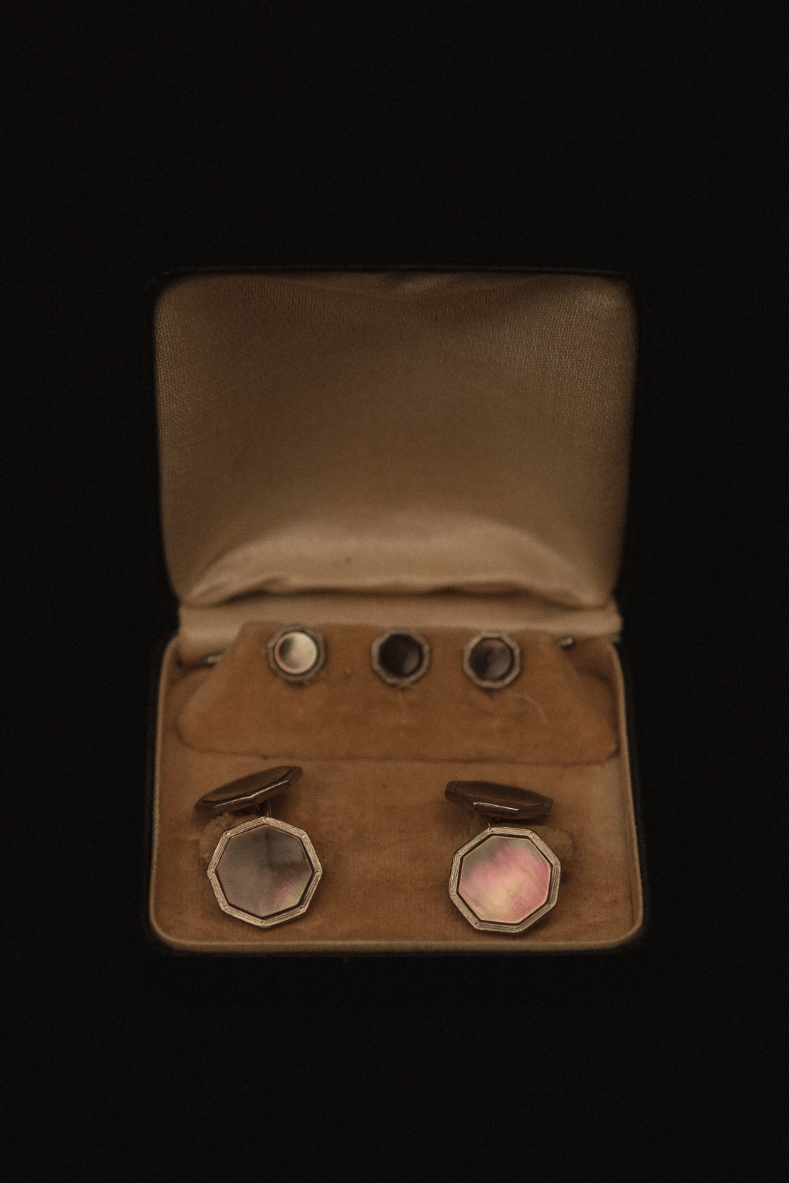 Gold Plate & Abalone Stud Set With Matching Cufflinks In Original Box