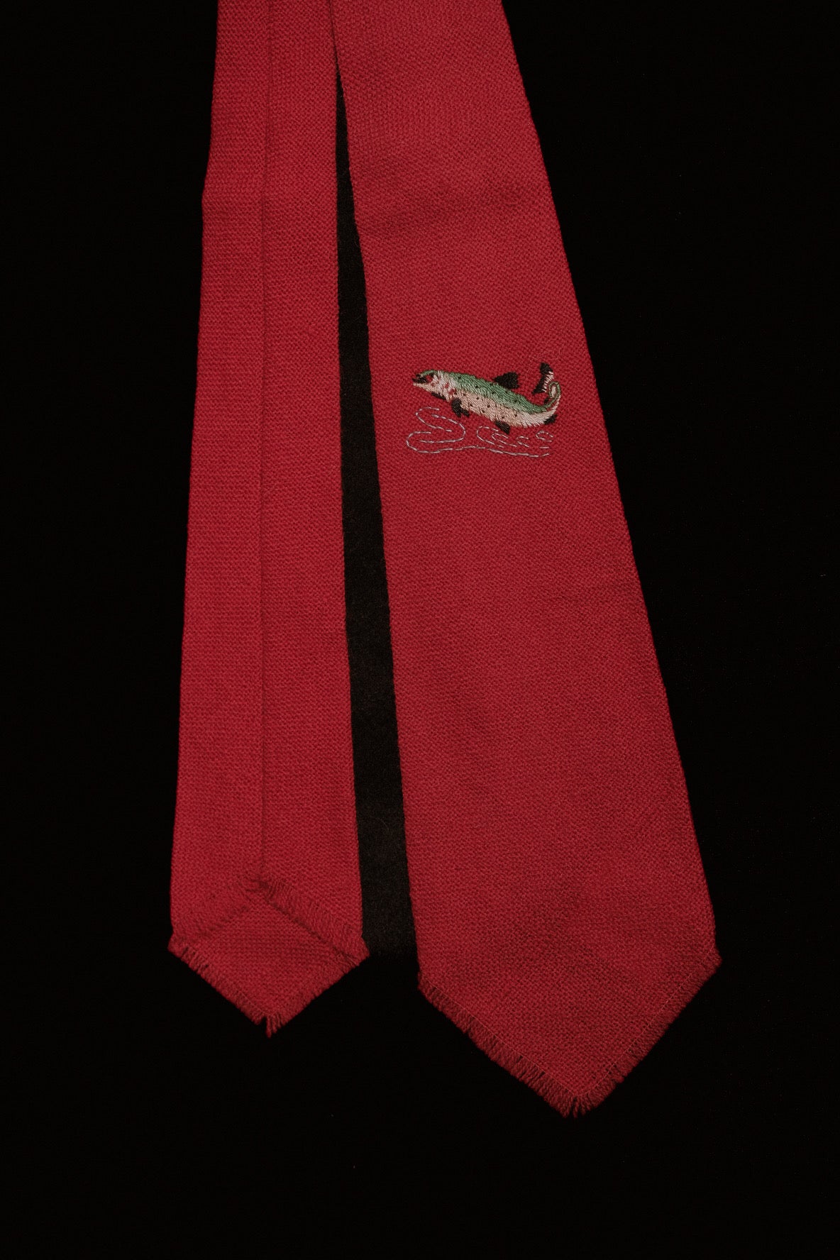 Red Native American Tie With Jumping Trout Embroidery By Tewa Weavers