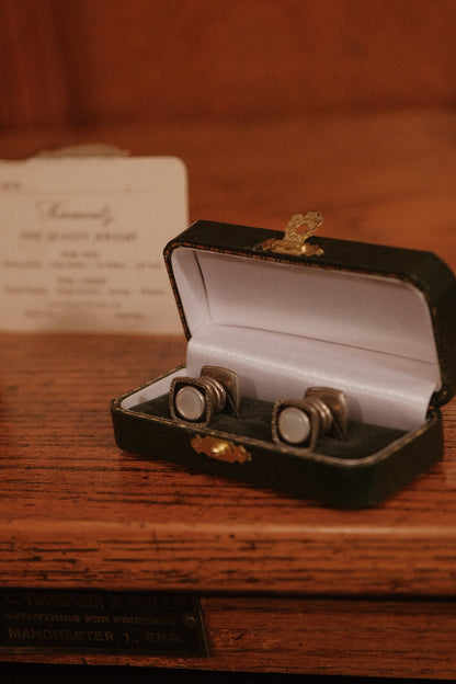 Authentic Square 1930s "Snap-Link" Cufflinks With Mother Of Pearl and Black Enamel Surround