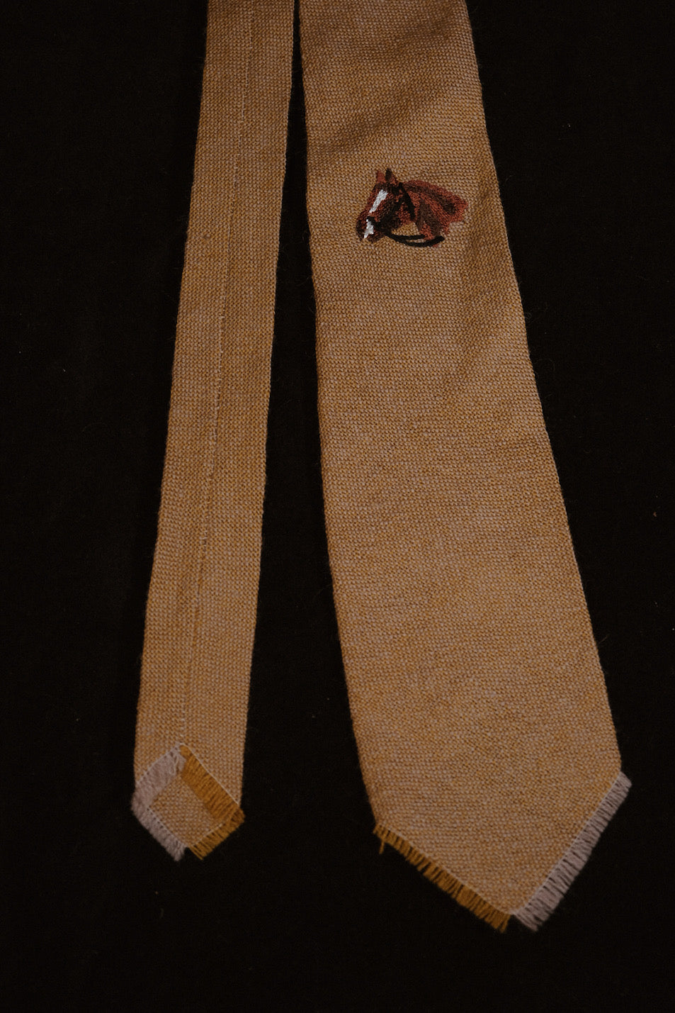 Mustard Native American Tie With Horse Head Embroidery By Tewa Weavers