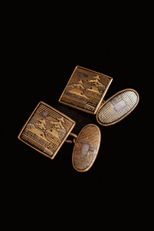 Antique Japanese Damascene Pagoda Square Double Sided Cufflinks