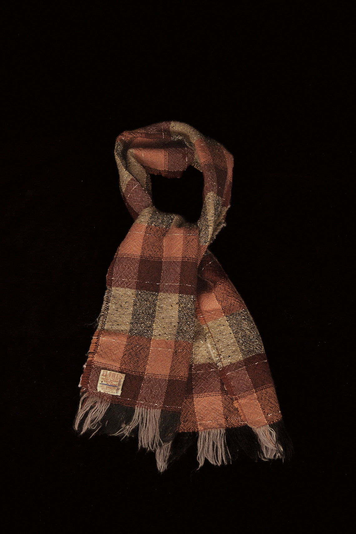 (Extremely Rare) Handwoven Native American Scarf In Brown Check By El Ricos Weavers. Circa 1939