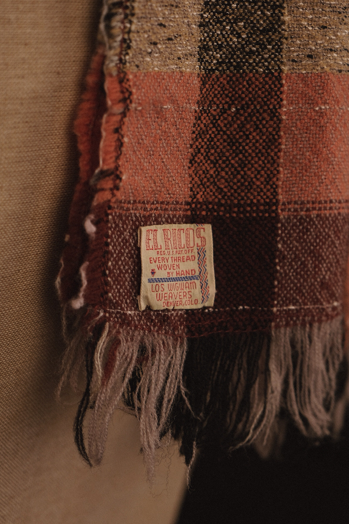 (Extremely Rare) Handwoven Native American Scarf In Brown Check By El Ricos Weavers. Circa 1939