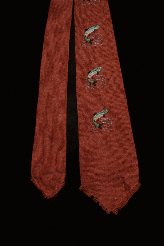 Dark Rust Native American Tie With Jumping Trout Embroidery By “KATCHINA” Weavers New Mexico