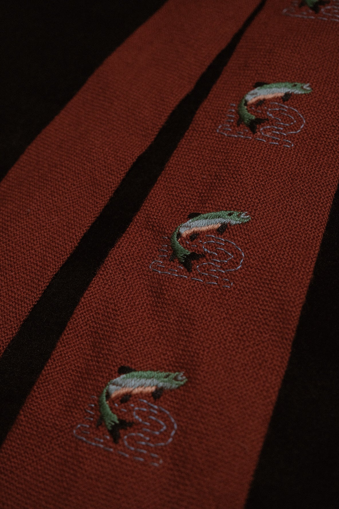 Dark Rust Native American Tie With Jumping Trout Embroidery By “KATCHINA” Weavers New Mexico