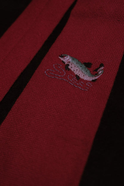 Red Native American Tie With Jumping Trout Embroidery By Tewa Weavers