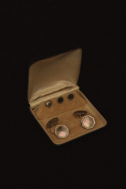 Gold Plate & Abalone Stud Set With Matching Cufflinks In Original Box