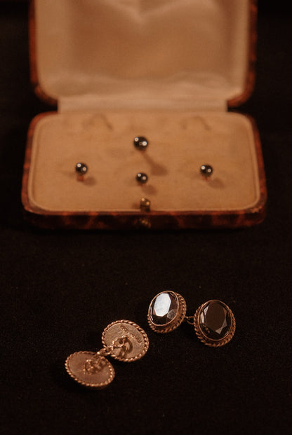 1920s Hematite Cufflinks & 9Kt Gold Tuxedo Studs