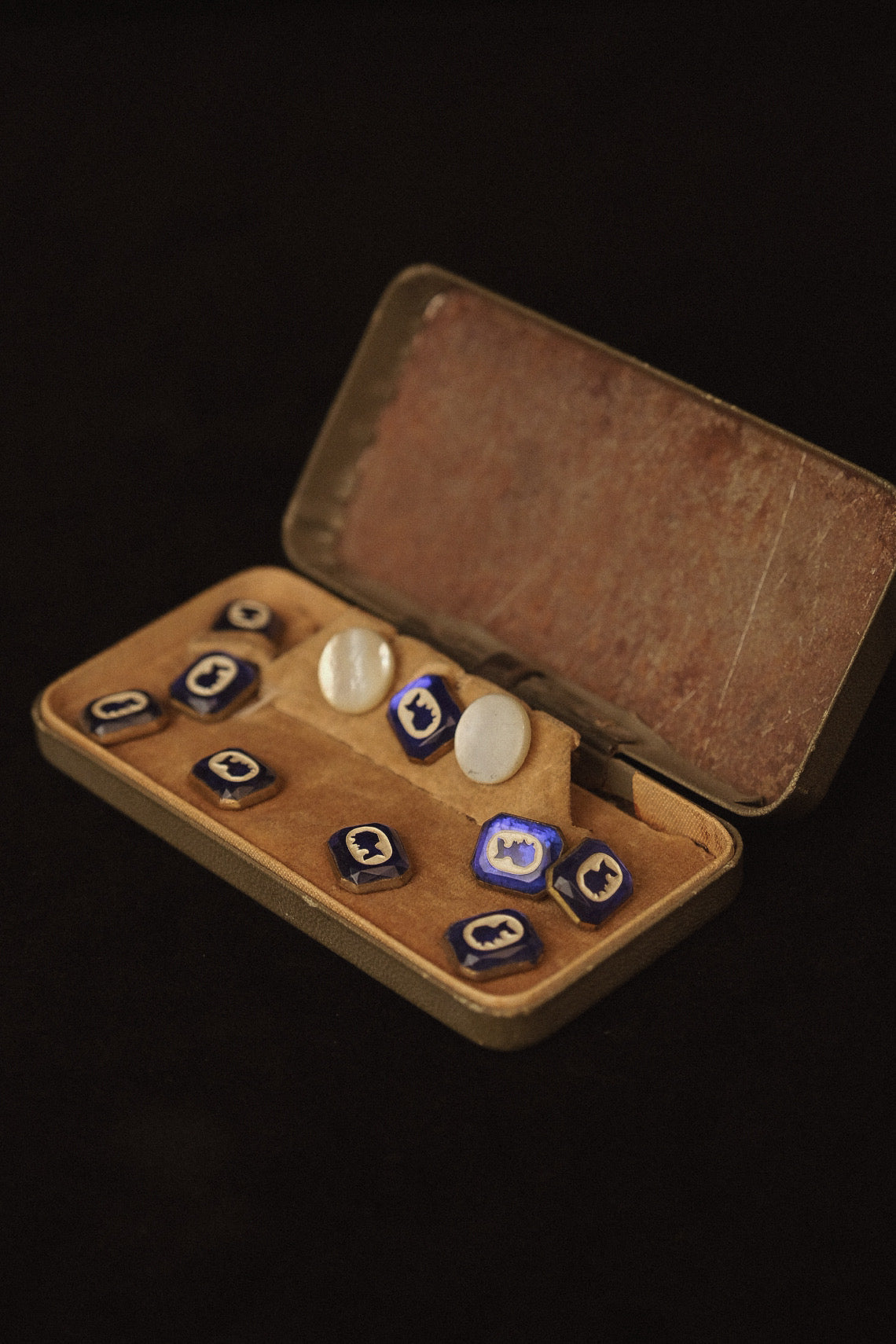 Antique Blue Glass Tuxedo Cufflink & Stud Set in Original Box