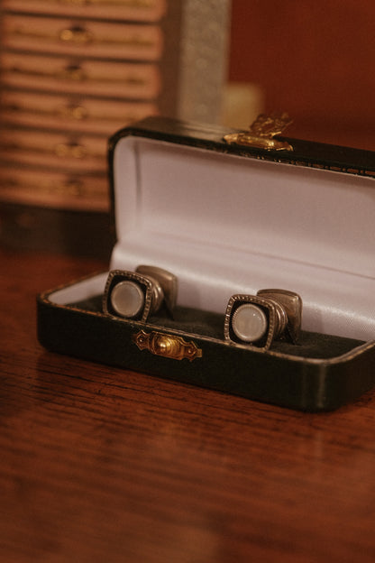 Authentic Square 1930s "Snap-Link" Cufflinks With Mother Of Pearl and Black Enamel Surround