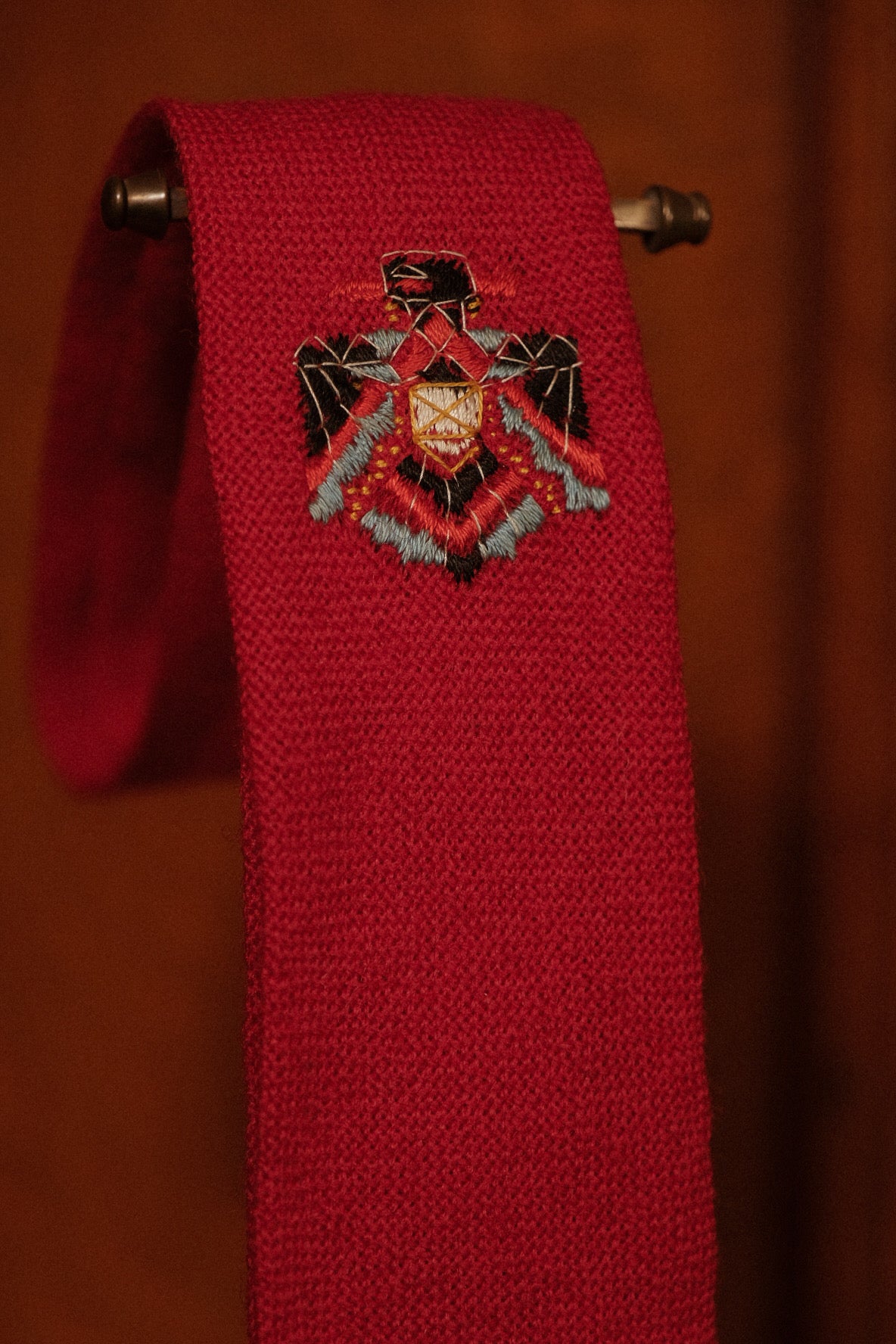 Red Native American Tie With Intricate Thunder Bird Embroidery