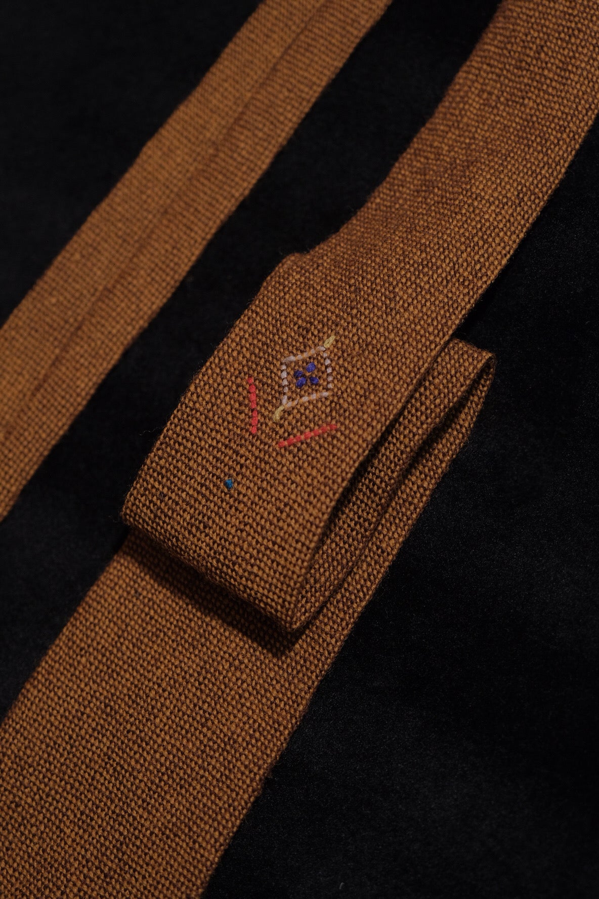 Mustard Native American Tie With Flower Embroidery By Tewa Weavers