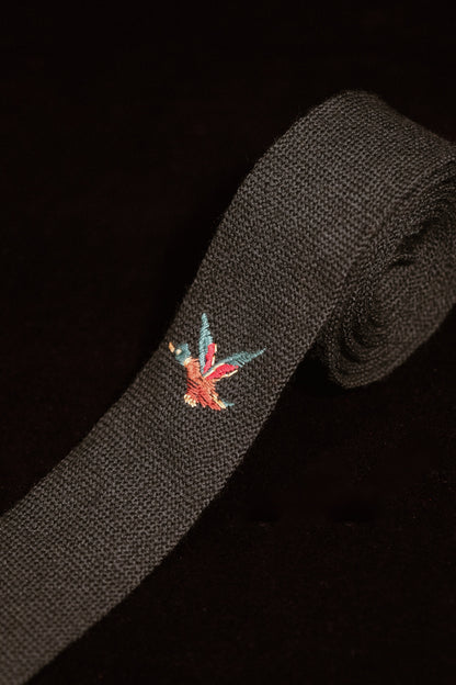 Dark Green Hand Woven Native American Tie  With Embroidered Mallard By The Tewa Weavers