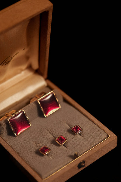 1930s Ruby Red Glass Cufflink & Stud Set in Original Box By Anson