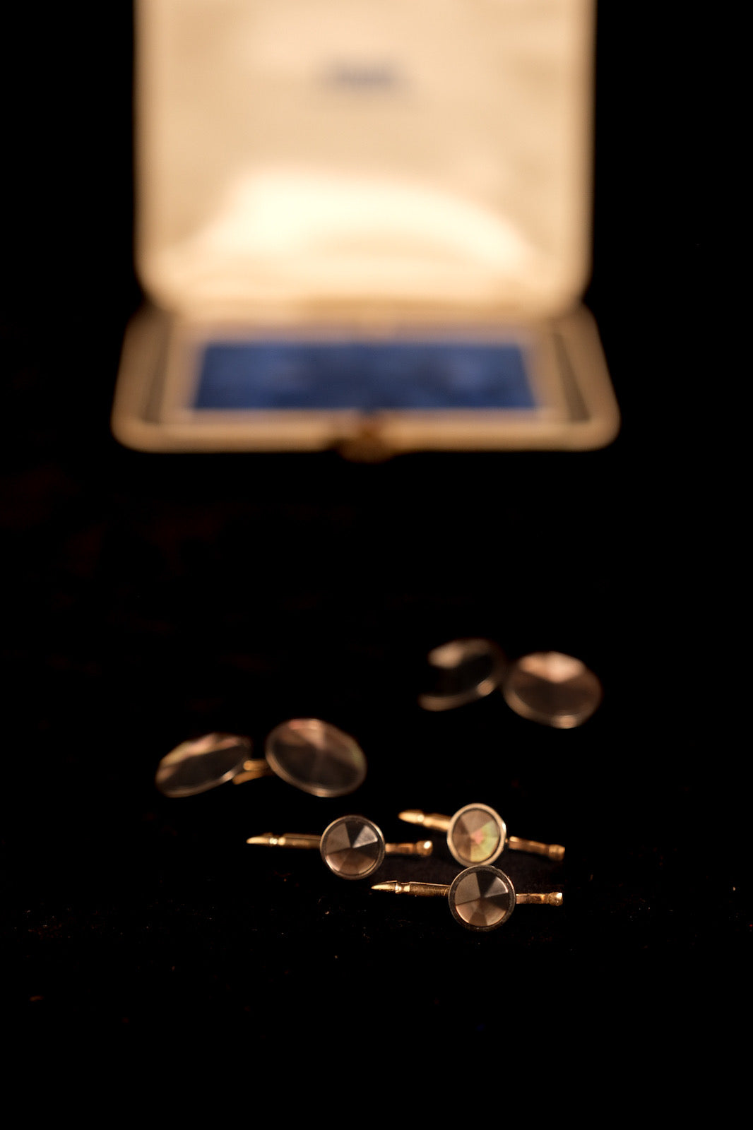 1920s Abalone and White Gold Plate Cufflink & Stud Set By Kum-A-Part