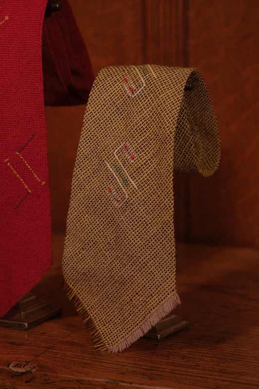 1930s Mustard Native American Tie With Embroidery By Sandia Weavers