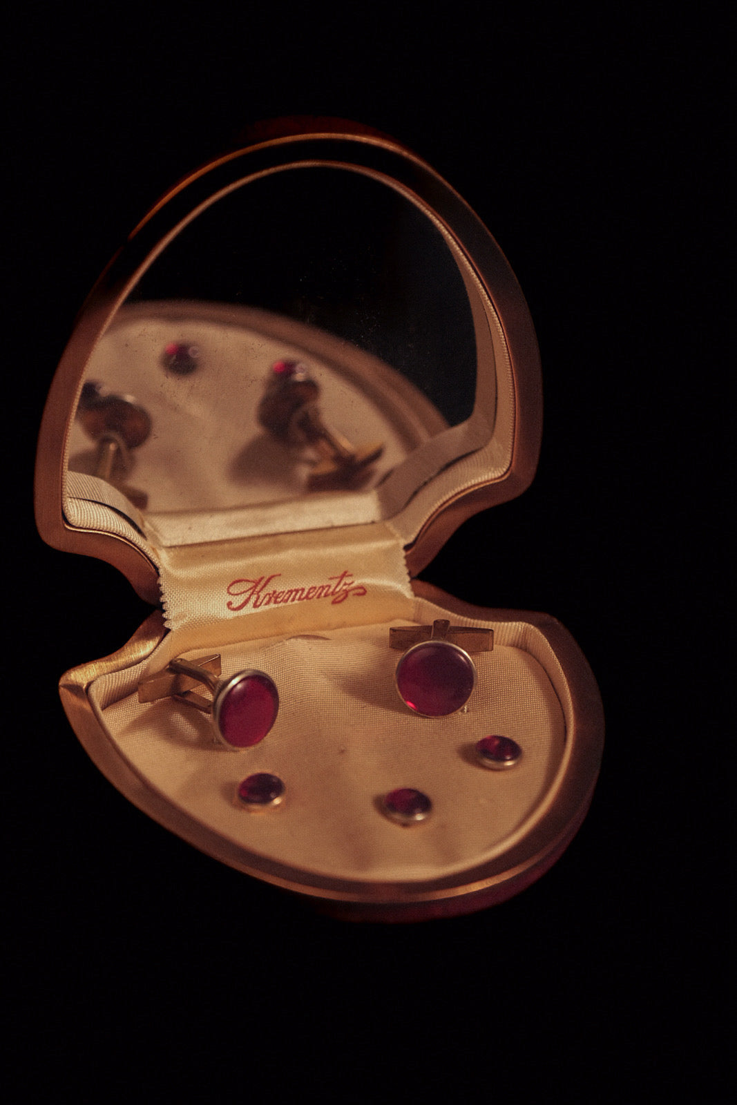 Art Deco Ruby Red Glass Cufflink & Stud Set in Original Box By Krementz
