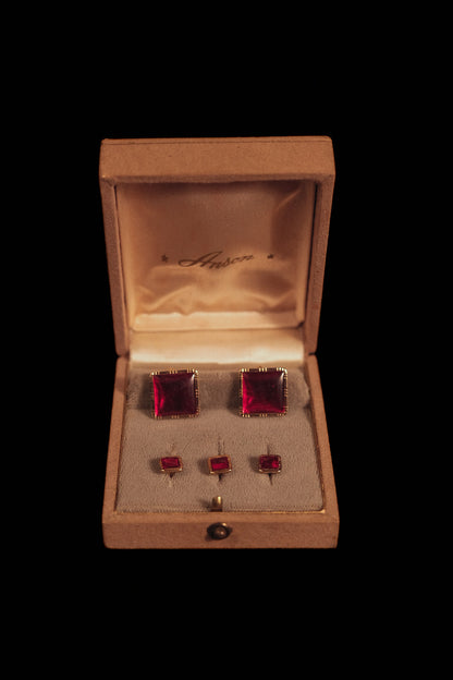 1930s Ruby Red Glass Cufflink & Stud Set in Original Box By Anson